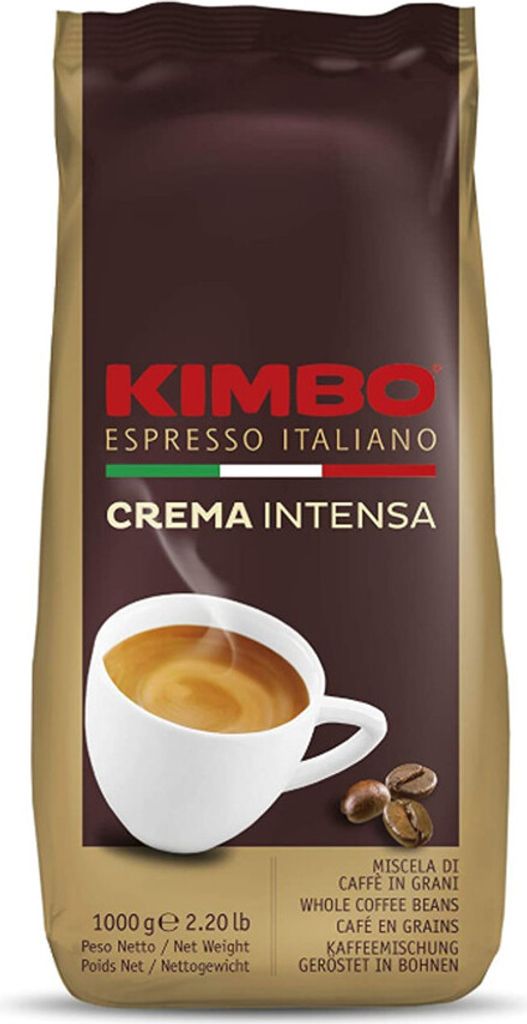 A bag of Kimbo Crema Intensa whole coffee beans.
