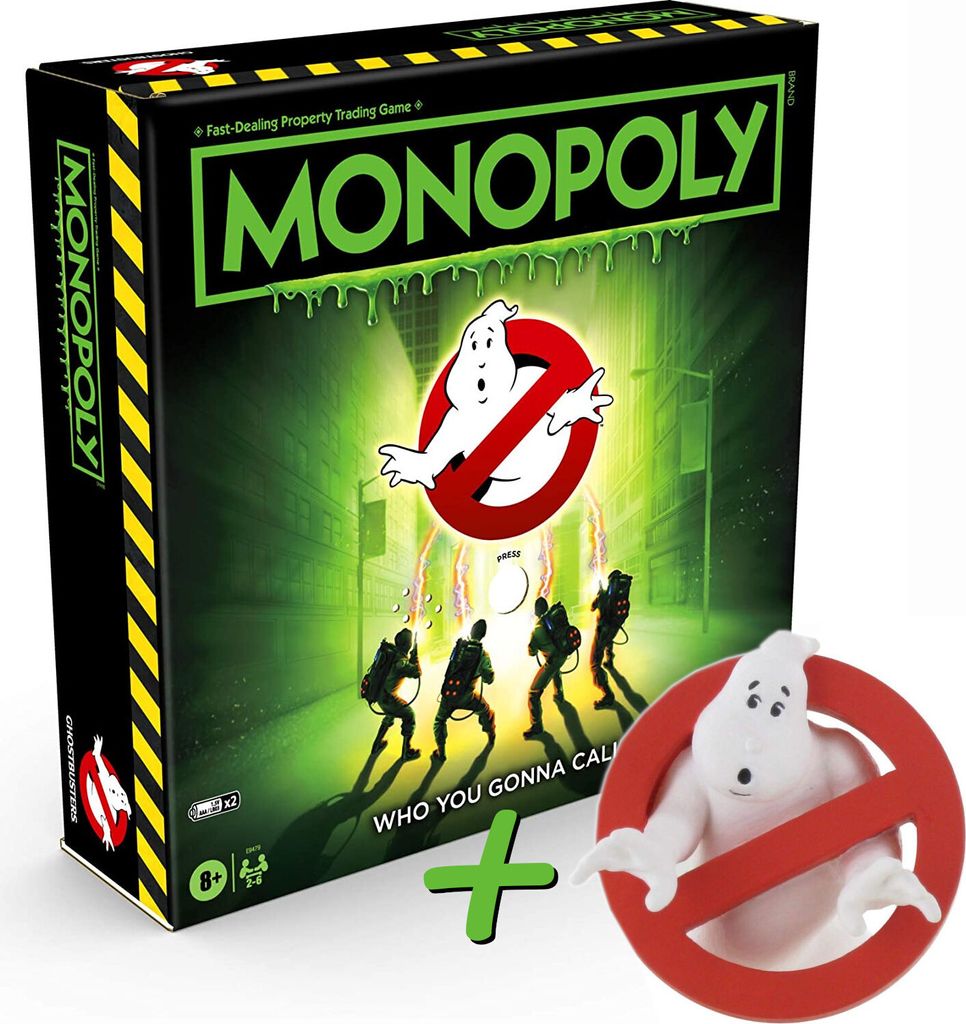 The image shows the Monopoly Ghostbusters board game box and a collectible ghost figure.