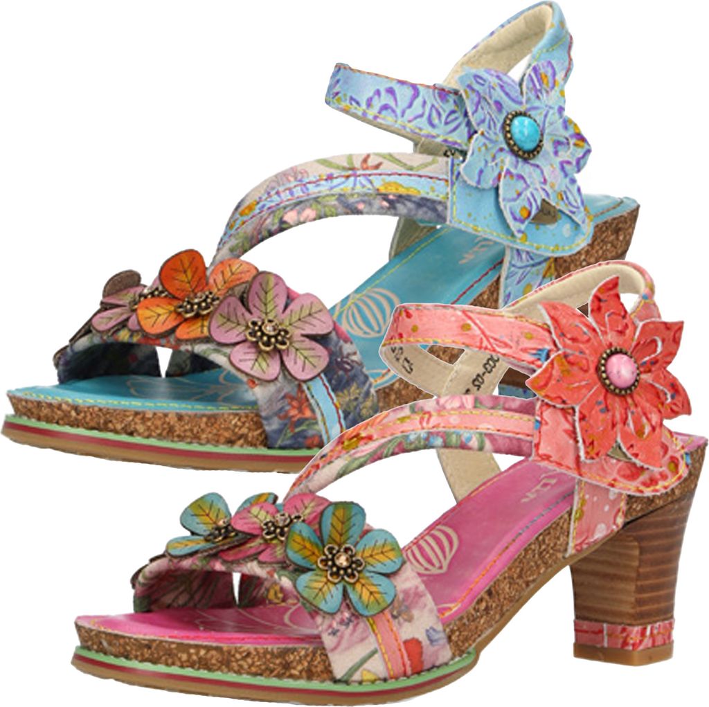 Laura Vita Damen Sandalette Leder Blumen bunt Korkfußbett Blockabsatz NOAO 02, Größe:38 EU, Farbe:Türkis