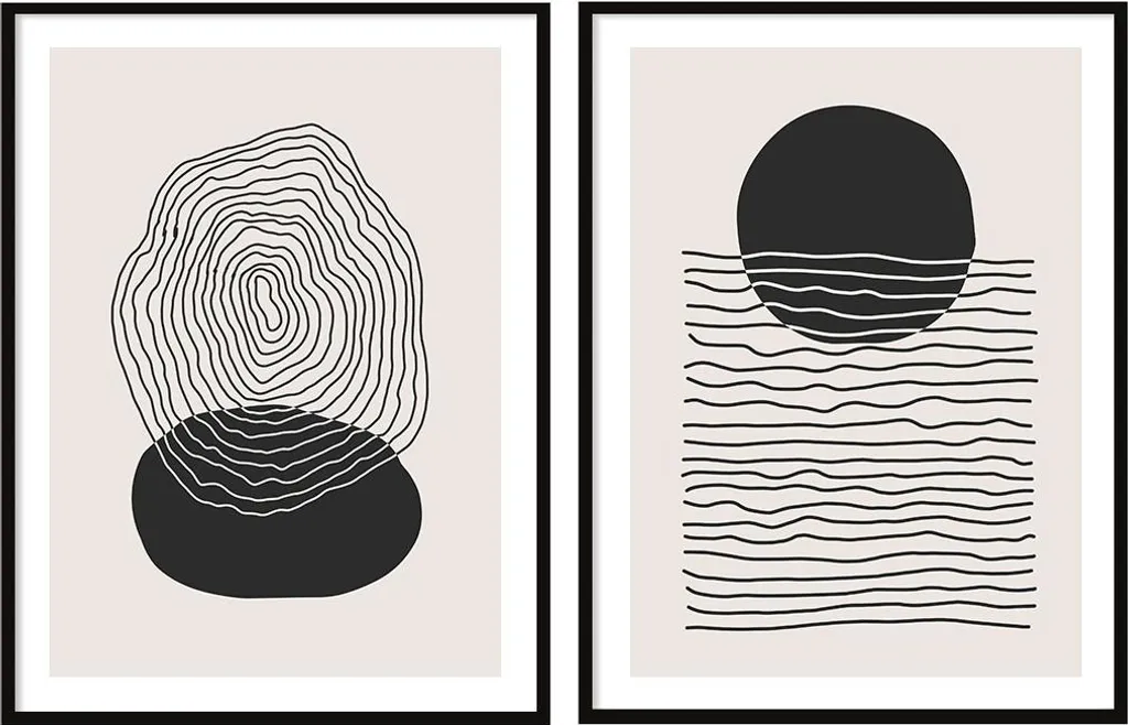 Diptyque de 2 affiches encadrées 53x73 cm, style abstrait boho P2066