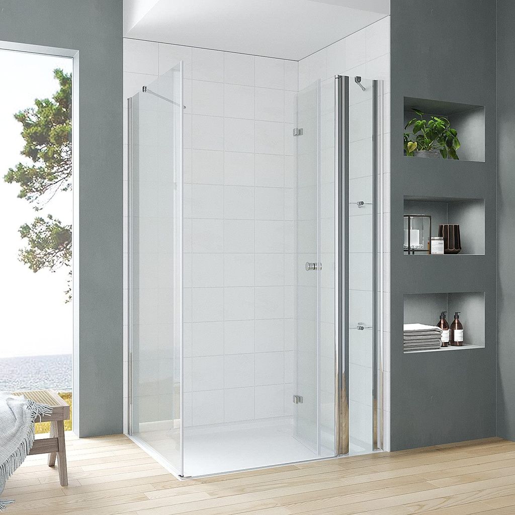 Duschkabine Eckeinstieg Duschabtrennung Duschwand Glas Eckdusche Duschtür Falttür an Festteil mit Seitenwand Eckregale inkl. Duschtrennwand Glas ...