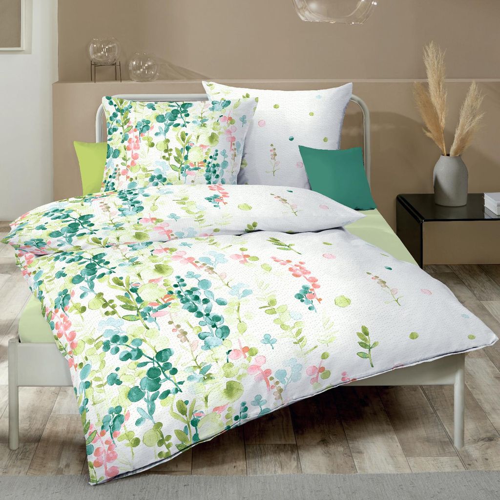 Bettwäsche Kaeppel Seersucker 466-03 Inaya Blätter aqua Produktbild 