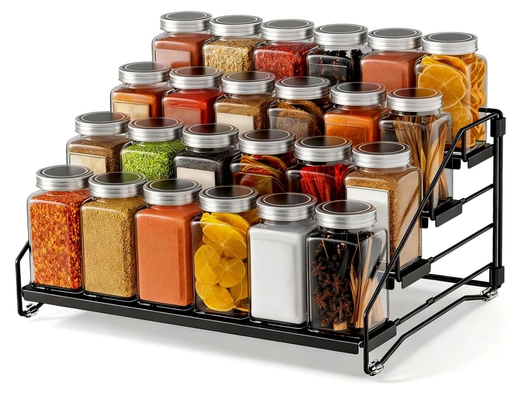 4 Etagen Gewürzregal Stehend, Einstellbar Metall Gewürzständer Ohne Bohren Spice Rack Organizer Schwarz Gewürzregale für Küche Schrank Bad Ar...