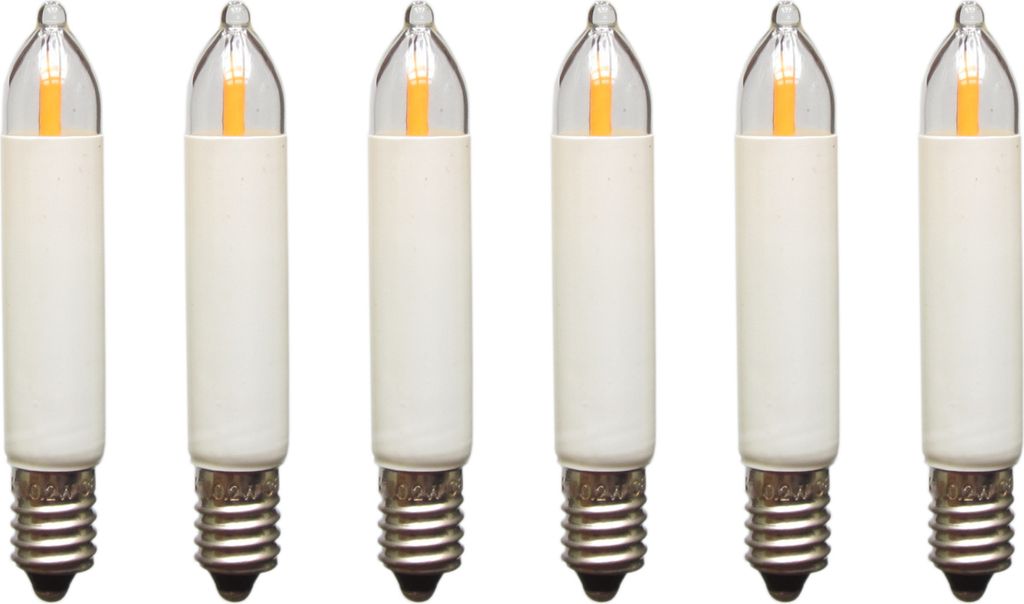Six LED filament candle bulbs arranged in a row against a white background.