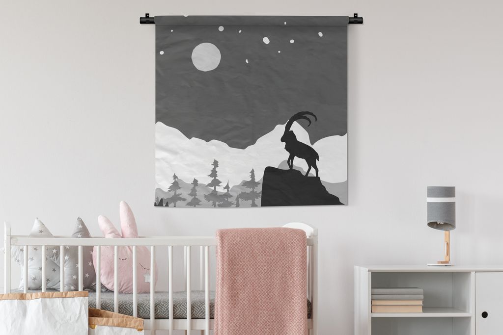 MuchoWow Wandteppich Wandbehang Illustration - Ziege - Schwarz - Weiß 90x90 cm Tapisserie Dekoration Wandtuch - Wandaufhänger