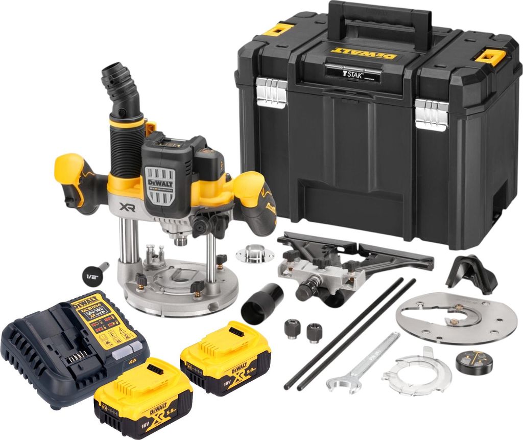 DeWalt DCW 620 P2T Akku Oberfräse 18 V 12 mm Brushless + 2x Akku 5,0 Ah + Ladegerät + TSTAK