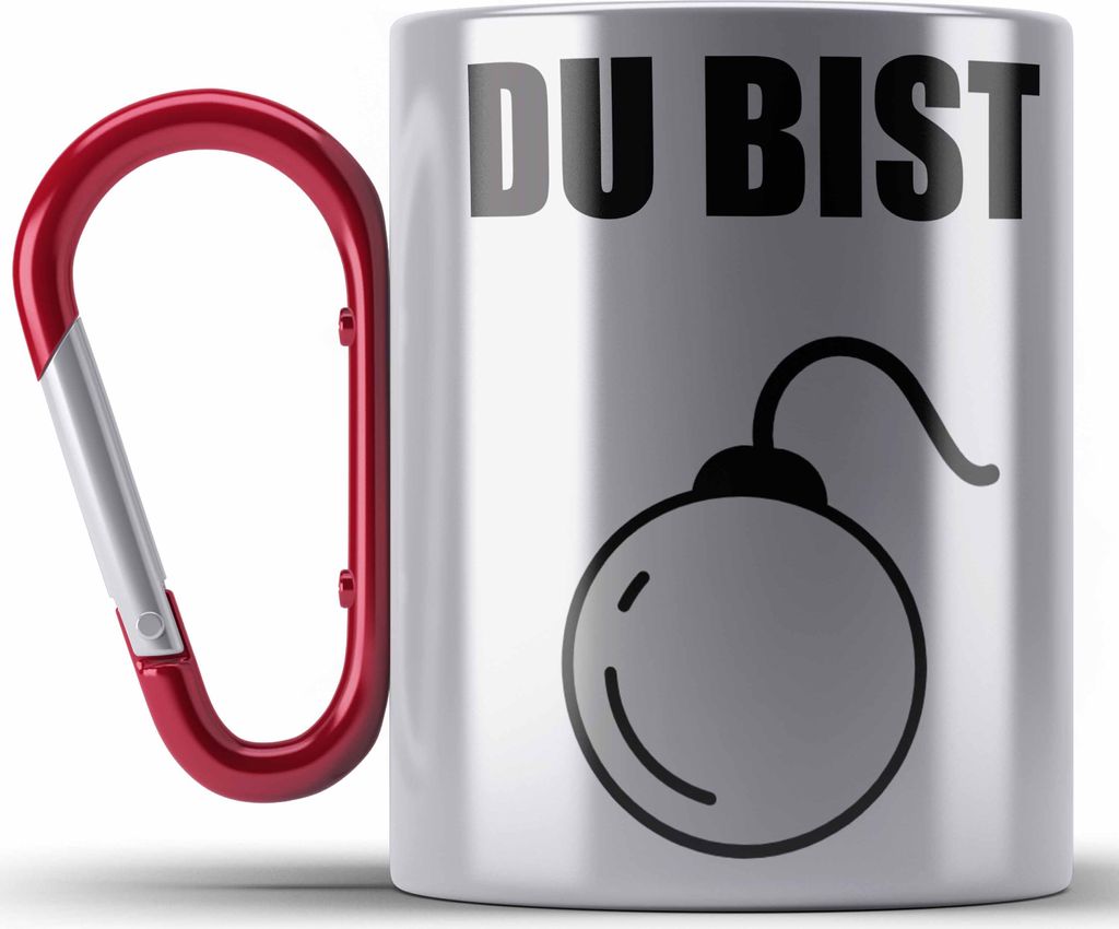 Trendation - Du Bist Bombe Lustige Edelstahl Tasse Karabiner mit Spruch Geschenk Kollege Kollegin Bester Freund Freundin Sarkastischer Spruch (Rot)