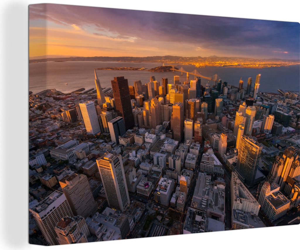 OneMillionCanvasses - Leinwandbilder - 140x90 cm, San Francisco - Skyline - Sonne, Wandbilder Kunstdruck Wanddekoration - Foto auf Leinwand - Gem...