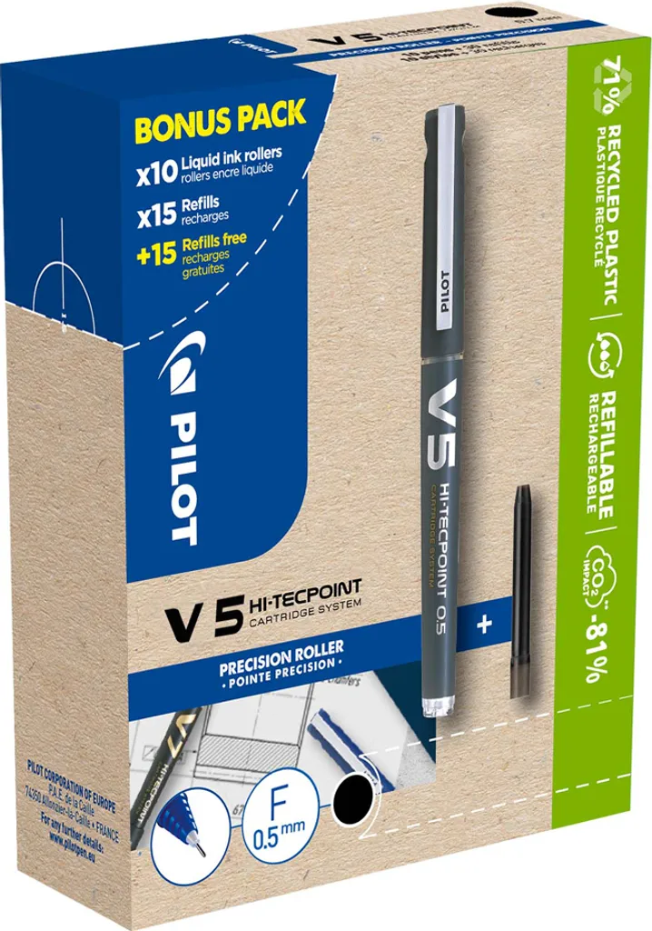 Pilot V5 Hi-Tecpoint Roller Noir Système Régulateur d'Encre Fluide