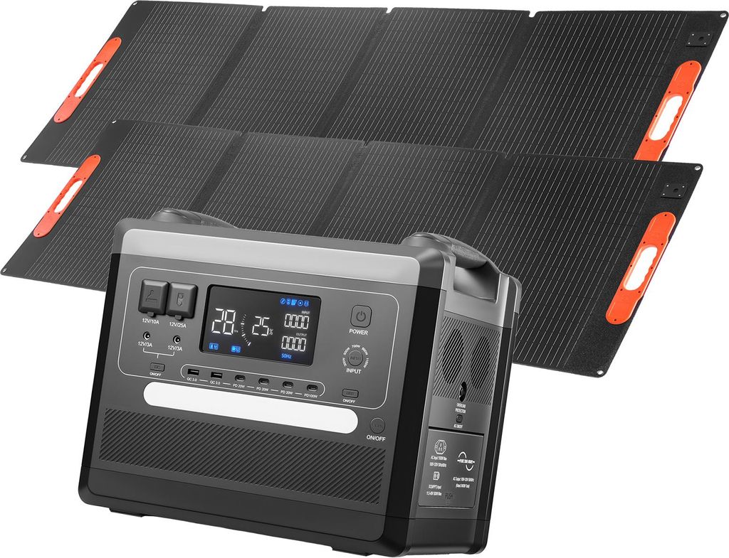 SucceBuy Tragbare Powerstation, 2400-W-Solargenerator mit 2 faltbaren 200-W-Solarpanels, erweiterbarer 2160-Wh-LiFePO4-Akku mit 10 Anschlüssen fü...
