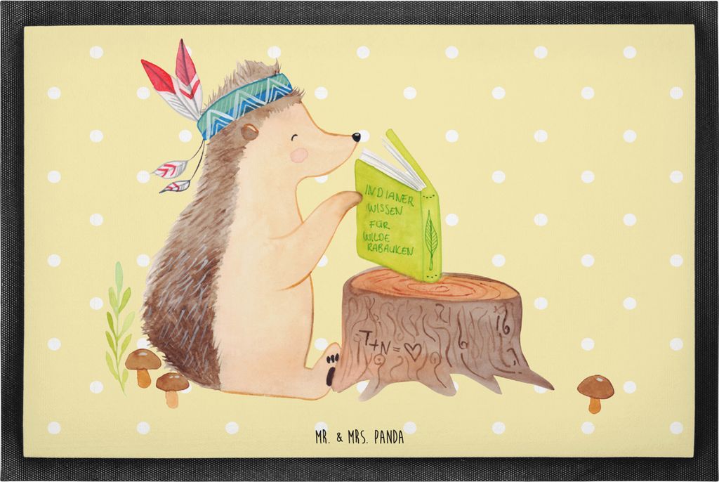 Mr. & Mrs. Panda Gummimatte Igel Federschmuck 60 x 90 cm - Gelb Pastell - Geschenk, Bodenvorleger, Schmutzfangmatte, Abenteuer, Waldtiere, Lagerfeu...