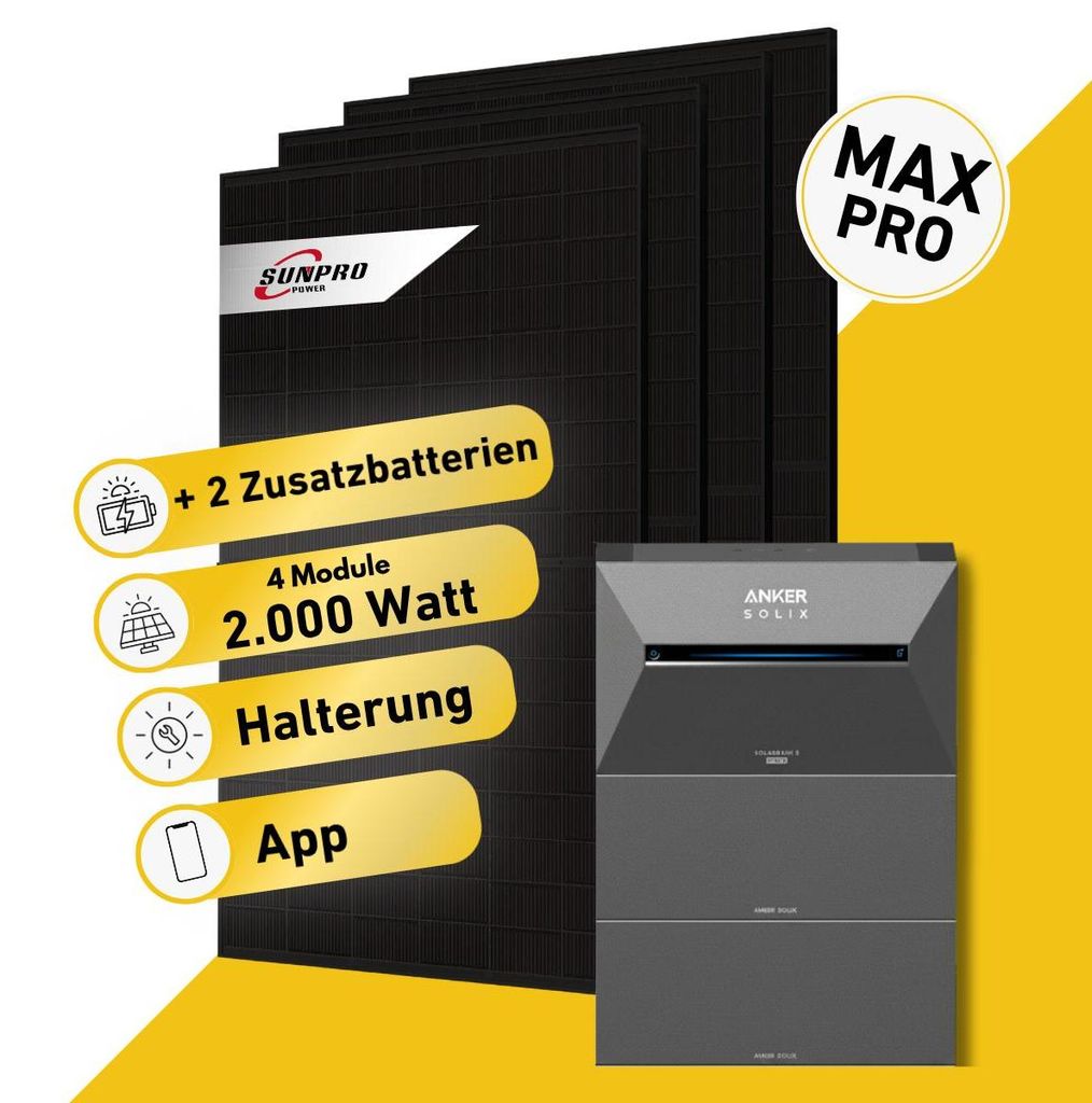 Balkonstrom Balkonkraftwerk 2000W mit Speicher | 2xZusatzspeicher | Ziegeldachhalterung | 2xSolarmodul Bifazial | Anker Solix 3 Pro |Kabel 3m