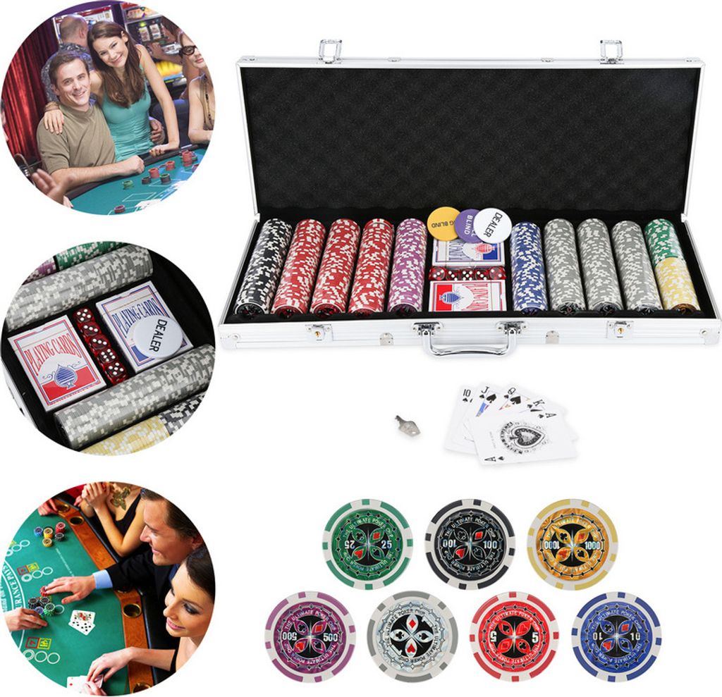 Jayseuw Pokerkoffer Pokerset 500 Pokerchips Poker Set Pokerspiel Pokerspiel Silber