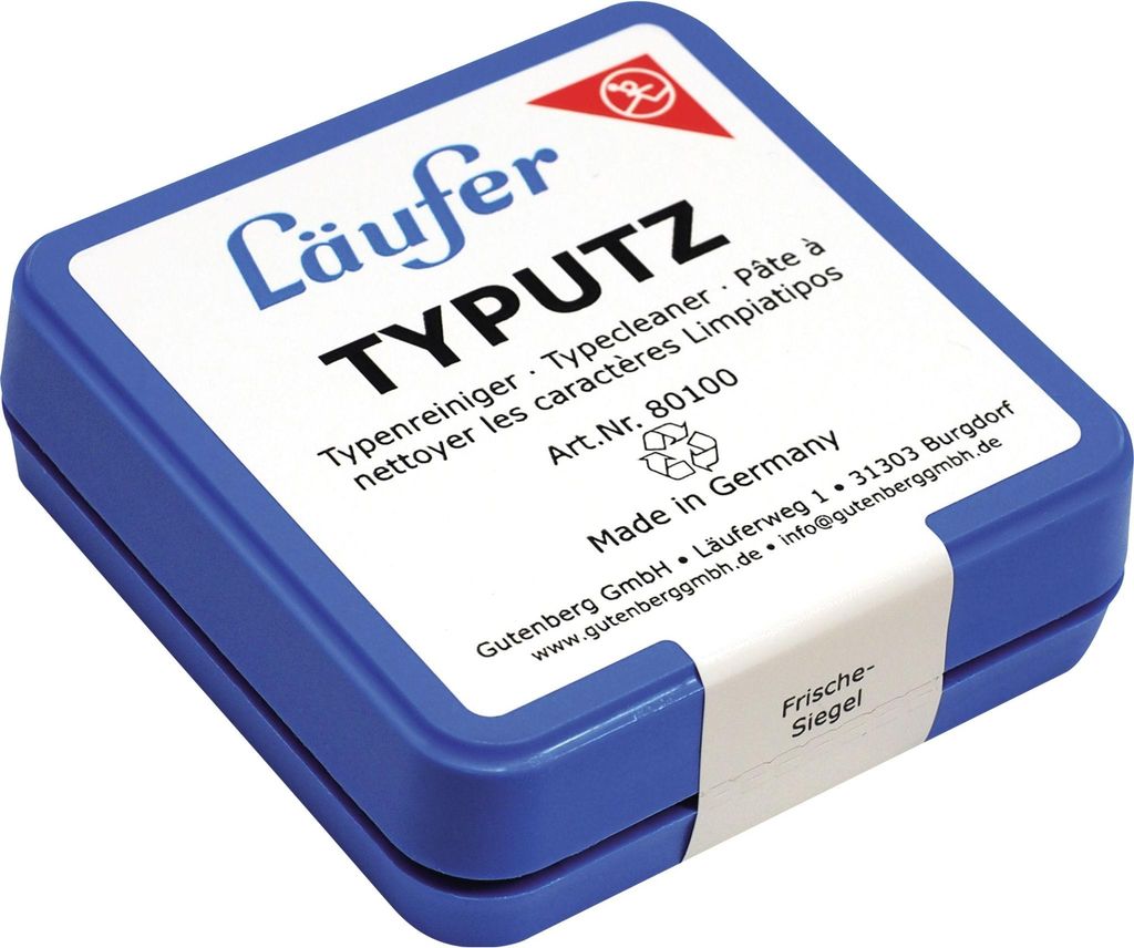 A blue and white square container with text and a logo on its lid.