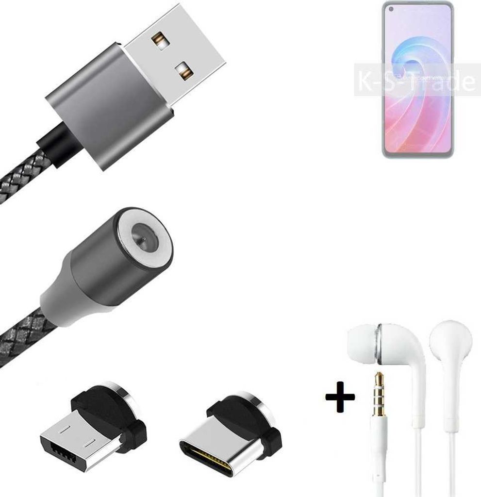 K-S-Trade Hochwertiges Magnet-Lade-kabel Sync-Kabel Daten-Kabel + Kopfhörer kompatibel mit Oppo A96 mit USB-Typ-C-Anschluss und Micro-USB-Anschluss