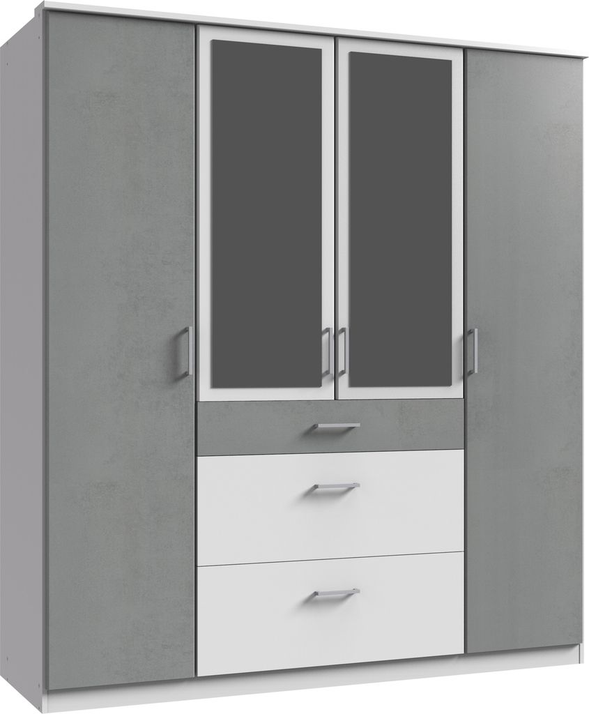 Kleiderschrank "Click" aus Spanplatte in Weiß mit 3 Schubladen und 4 Türen. Abmessungen (B/H/T) 180x198x58 cm