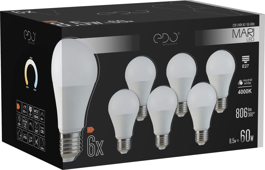 6er Set MARI LED E27 8.5W 4000K neutral NW 806lm Edo Solutions