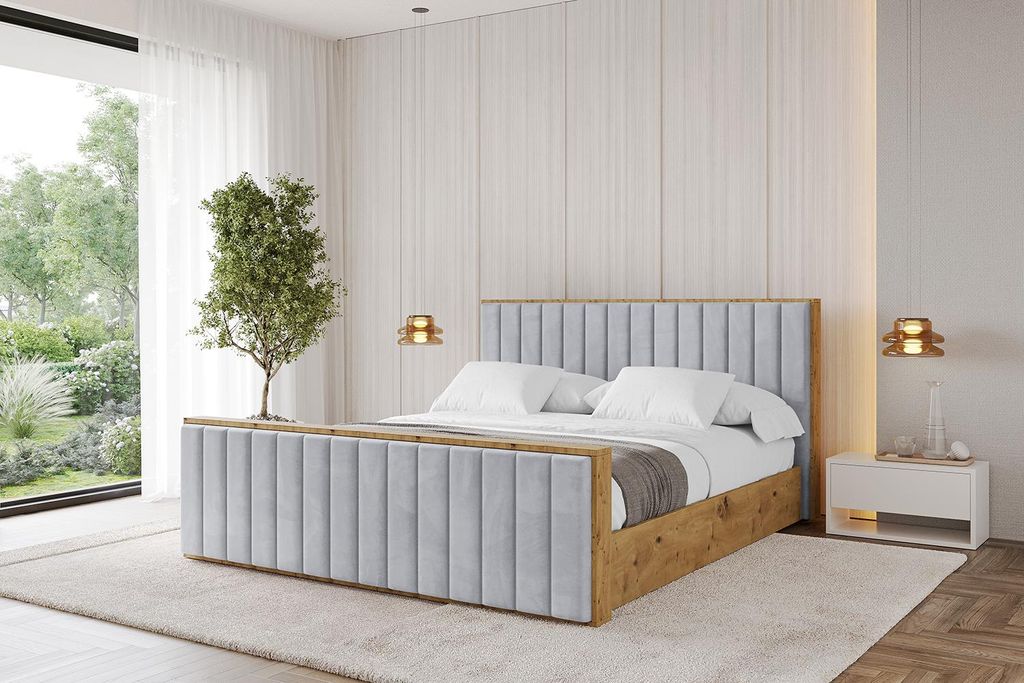 ALTDECOR Polsterbett mit Bettkasten - ENZO4-Z - 180x200 Hellgrau- Bett mit Matratze H3/H4, Kopfteil und Fußteil, Boxbett, Doppelbett mit Stauraum