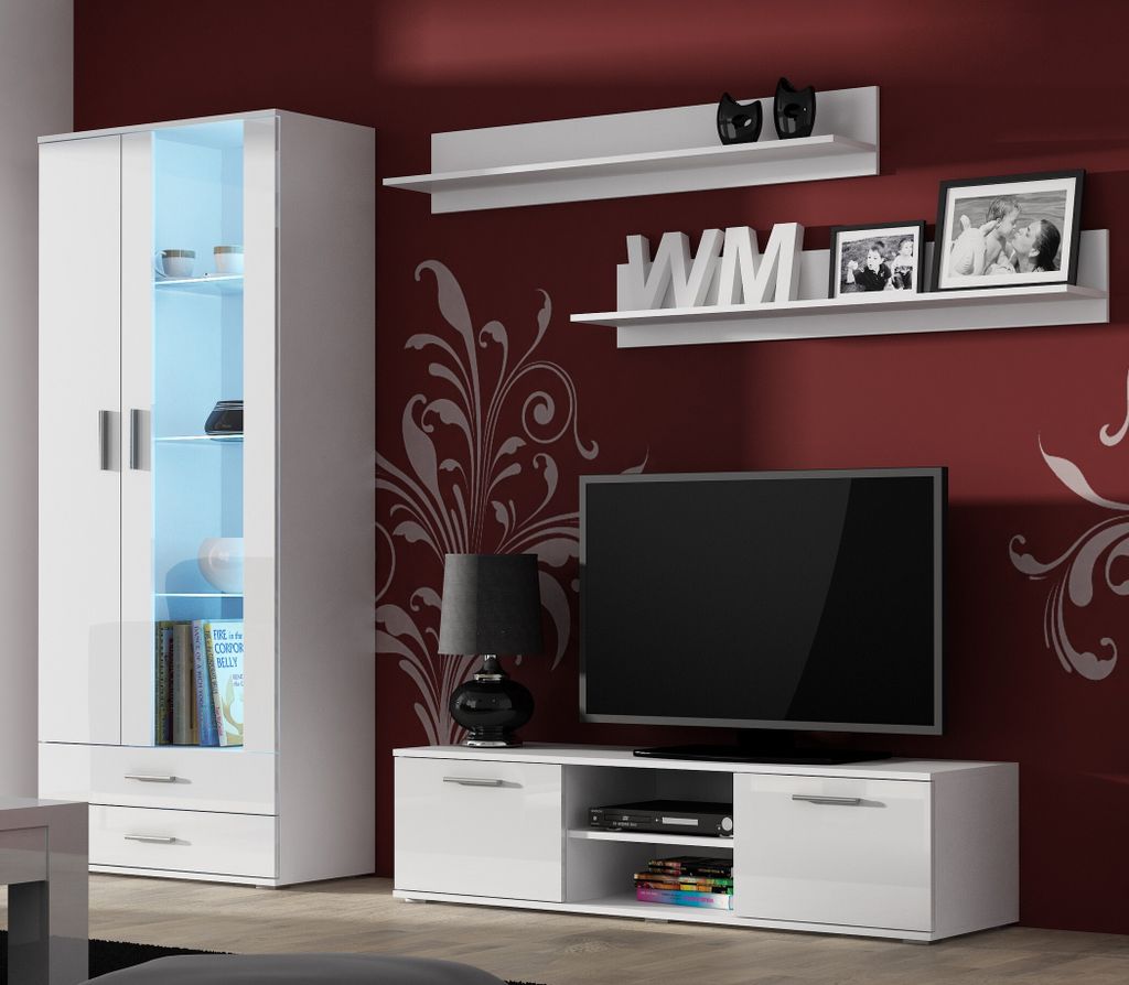 Furniture24 Wohnwand SOHO 10 mit Blauer LED Beleuchtung, Anbauwand, Wohnzimmerschrank, Schrankwand, Vitrine, Lowboard, Hängeregal Weiß/Weiß Hoch...
