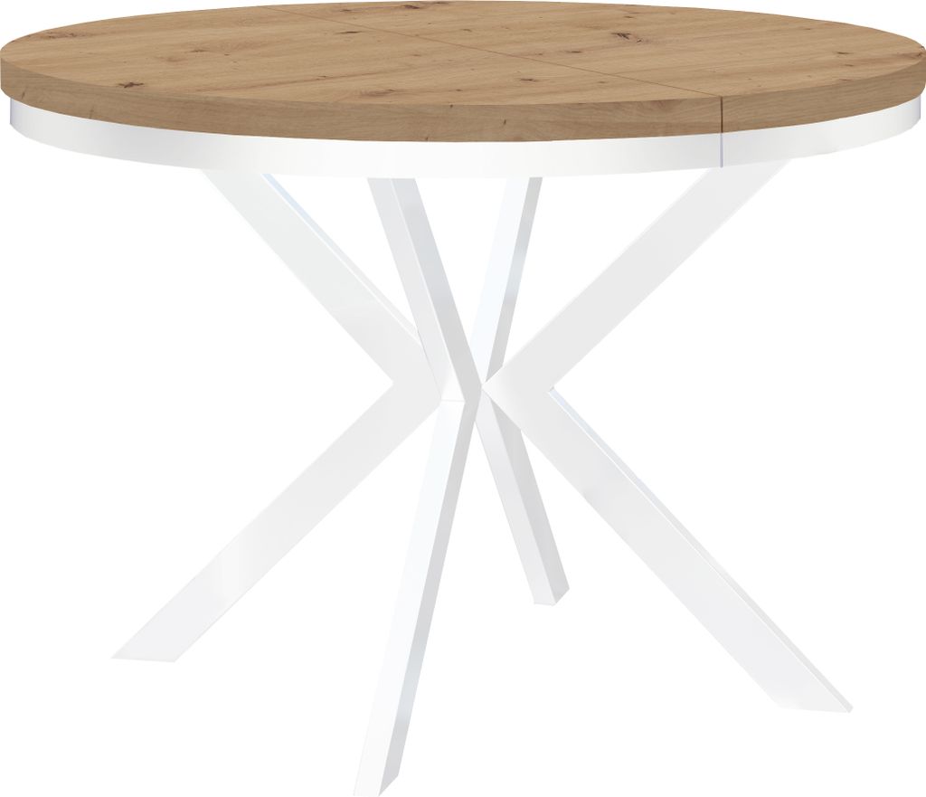 Runder Ausziehbarer Tisch für Esszimmer ENDIK mit Ring-Gestell und Metallbeinen, Durchmesser: 90 / 190 cm, Farbe: Eiche Artisan / Weiß