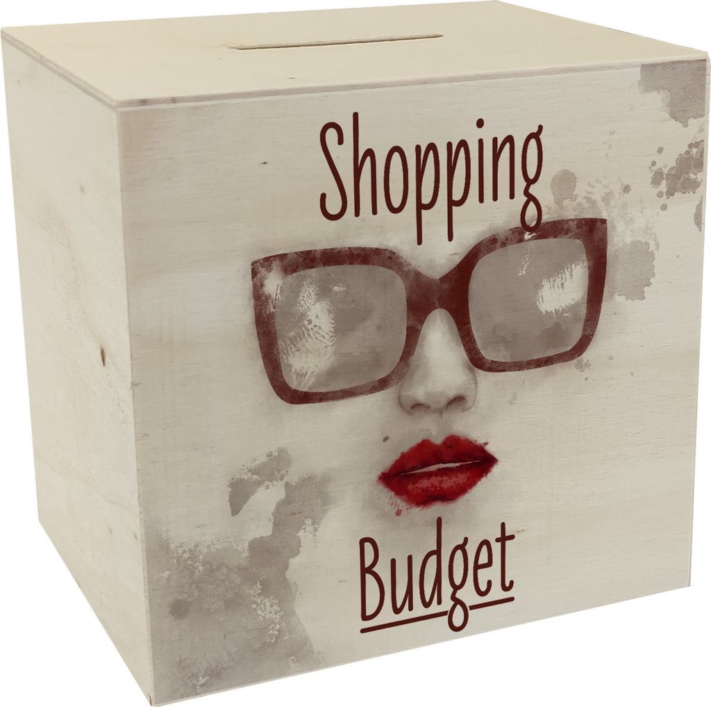 Spardose aus Holz mit coolem Sonnenbrillenmotiv und Spruch - Shopping Budget