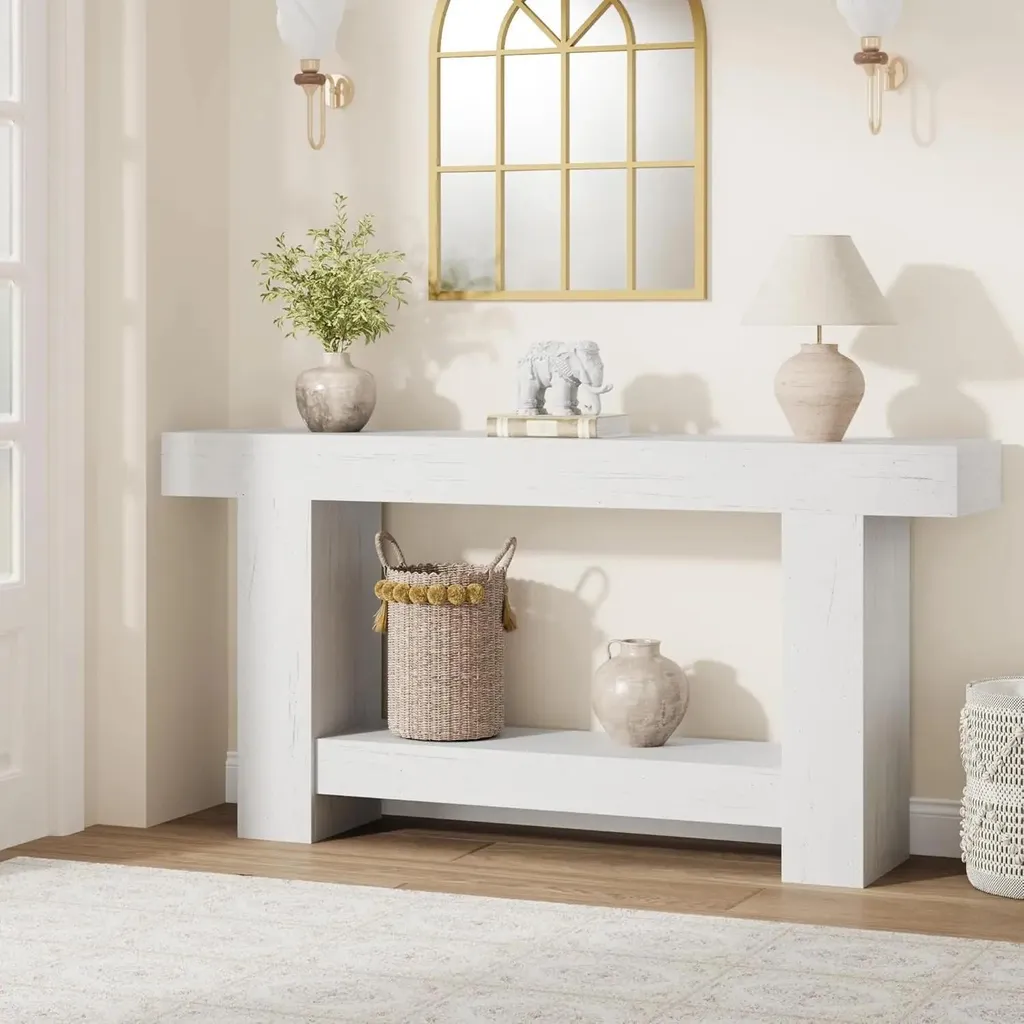 Table d'entrée en bois blanc 160 cm style antique avec étagère de rangement