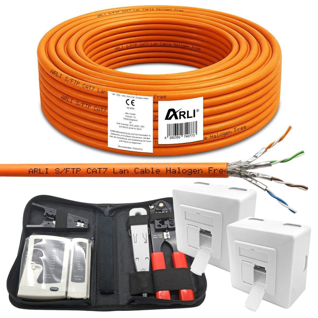 ARLI Cat7 50 m Verlegekabel S/FTP PIMF + 2x Cat6a Netzwerkdose + Crimpzange LSA Netzwerktester Abisoliermesser Werkzeugtasche