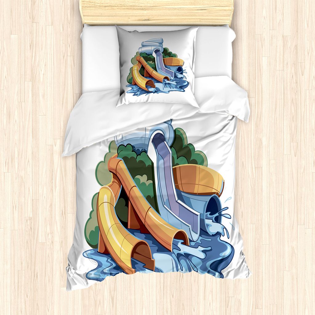 ABAKUHAUS Pool-Party Bettbezug Set für Einzelbetten, Aqua Park Wasserrutschen, Milbensicher Allergiker geeignet mit Kissenbezug, 135 cm x 200 cm -...
