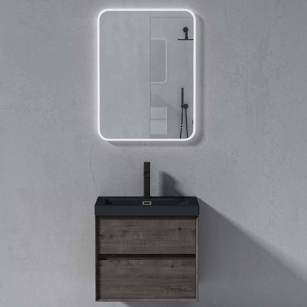 doporro Badmöbelset Waschbecken-Unterschrank mit Soft-close in Grau-braun Wandhängender Badezimmerunterschrank 60cm inkl. matt Anthrazit Mineralg...