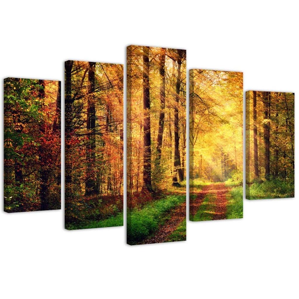 5-teiliges leinwandbild waldweg 100x70 cm Feeby orange wandbild bereit zum aufhängen