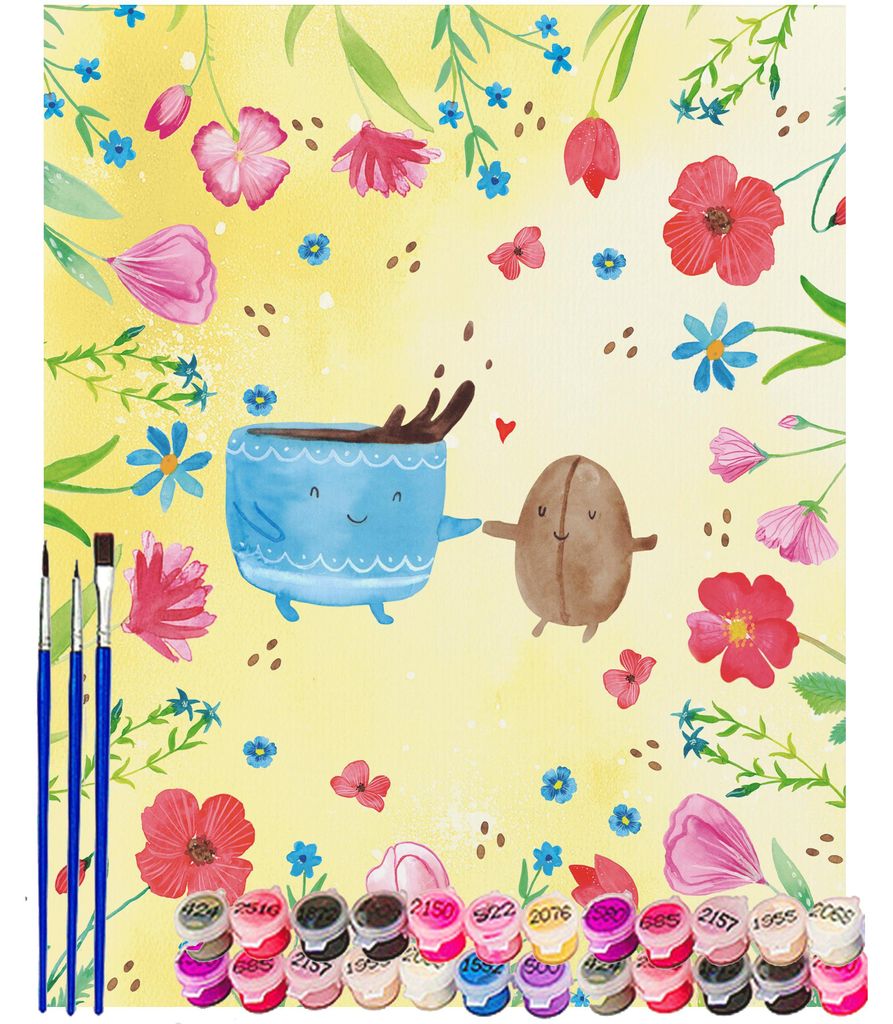 Mr. & Mrs. Panda Malen nach Zahlen Kaffee Bohne 40 x 50 cm Mit Rahmen - Gelb Pastell - Geschenk, DIY, Zahlenbild, Lustige Sprüche, Kaffeebohne, Zu...