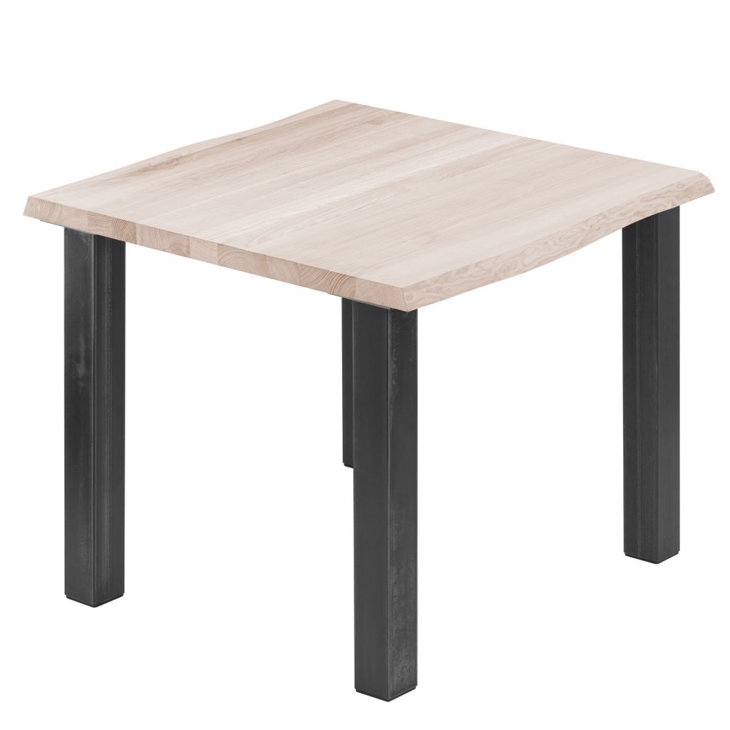 LAMO Manufaktur Esstisch Küchentisch Schreibtisch Couchtisch aus Massivholz, mit Baumkante 60x60x76 cm (AxBxH), Classic, Roh / Rohstahl mit Klarla...