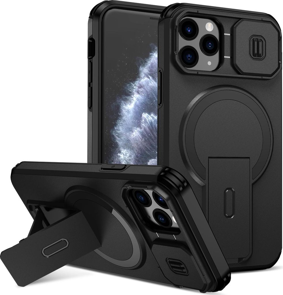 Magnetisch Hülle für iPhone 11 Pro, Dual Layer Stoßfest Handyhülle mit Dia Kameraschutz, Verstellbarem Ständer Schwarz