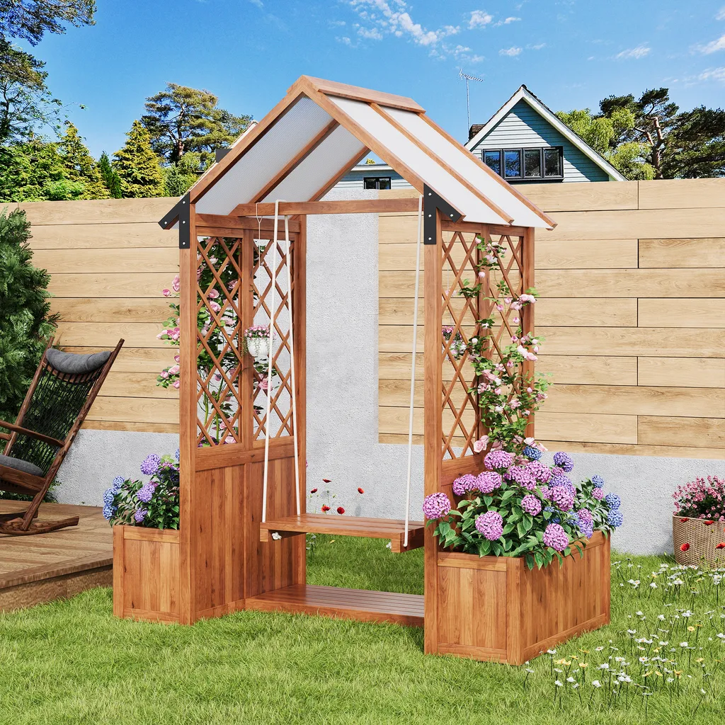 Abrihome Jardinière avec treillis en bois et balançoire jardin, brun