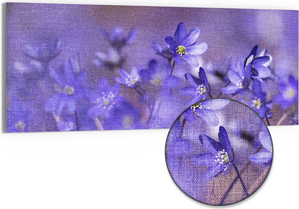 DEQORI Hybrid Leinwand Bild 125x50 cm 'Blaue Traumblüten' Wandbild Glas flach modern