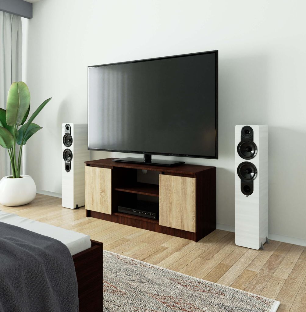 TV Lowboard – TV Schrank – TV Ständer – TV Tisch – 120 cm – Dunkelbraun / Sonoma Eiche – Funktionale Medienaufbewahrung mit Klapptüren