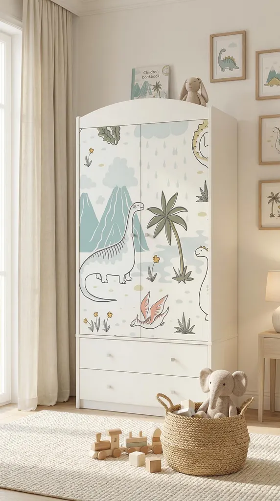 Penderie pour chambre d'enfant 2 portes 2 tiroirs style dinosaures