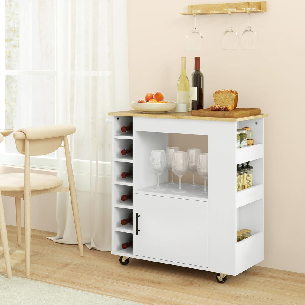 Küchenwagen mit Weinregal, Rollbare Kücheninsel Spanplatte, Küchen-Trolley mit Soft-Close-Schrank, Eiche | 83 x 40 x 83 cm | 26,8 kg | 6 Flaschen