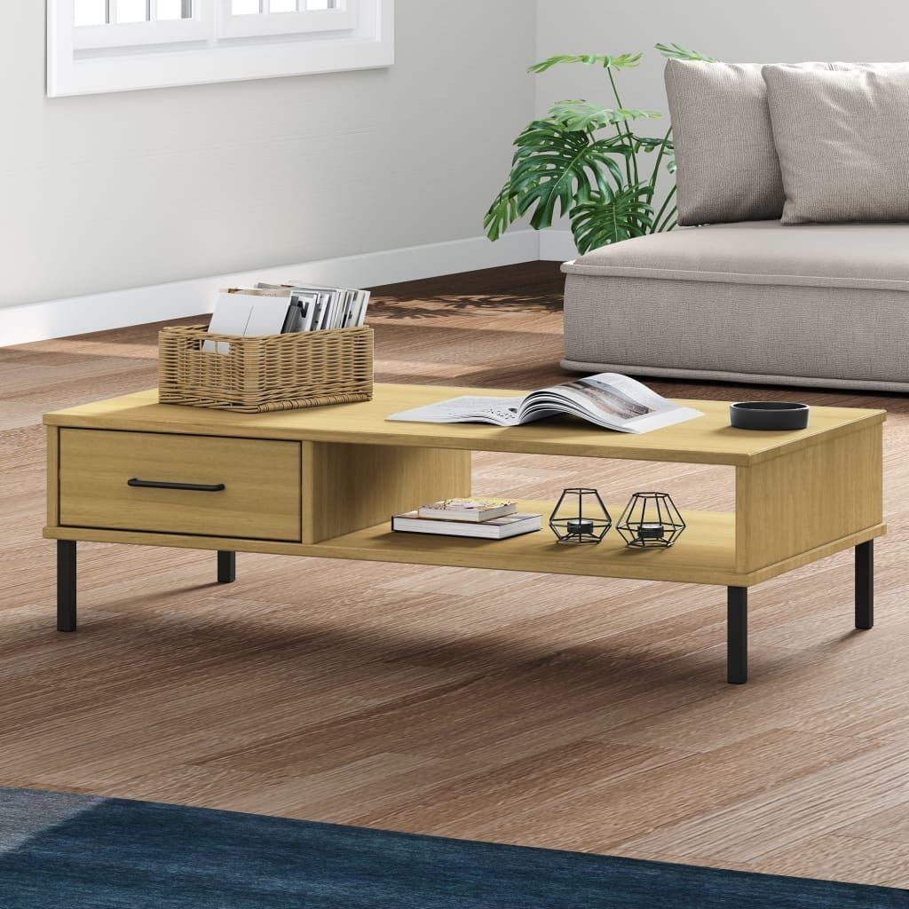 The Living Store Couchtisch OSLO mit Metallbeinen Braun Massivholz Kiefer