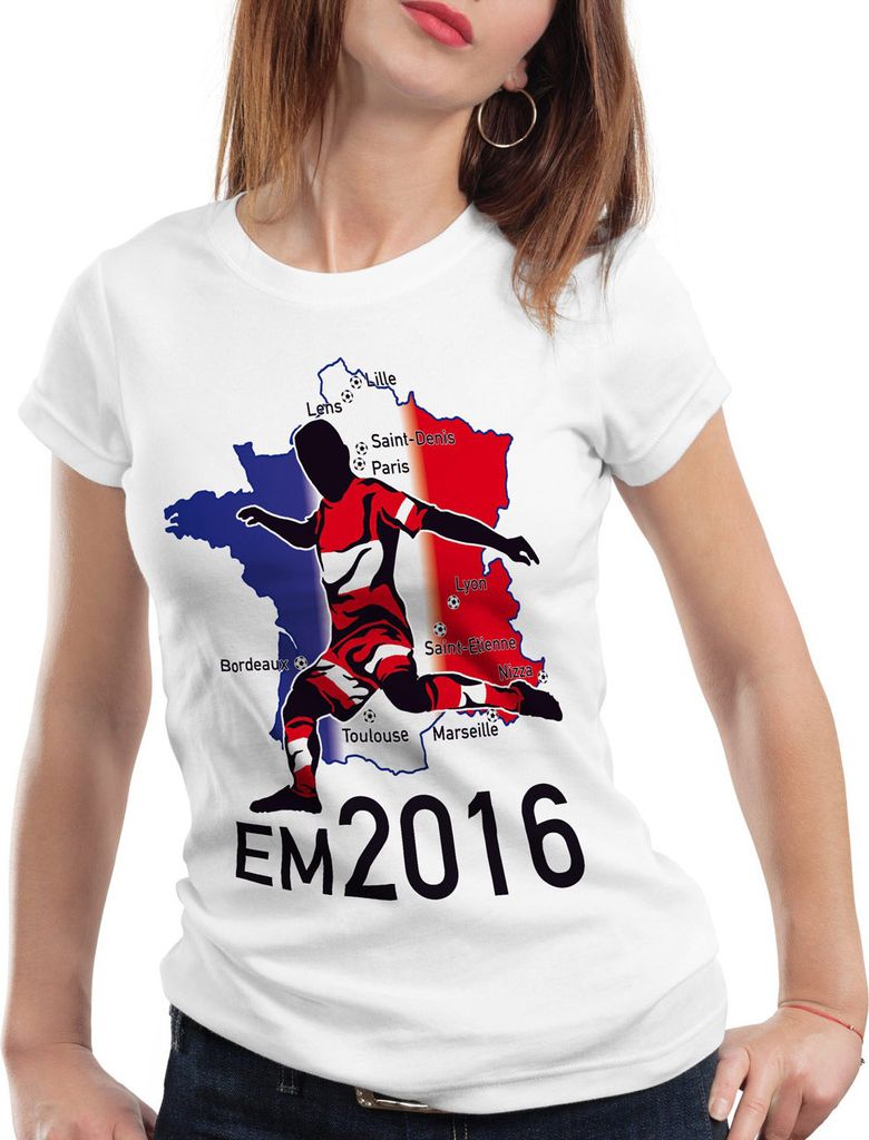 style3 EM 2016 Österreich Fan Damen T-Shirt Frankreich alle Spielorte Austria, Farbe:Weiß, Größe:L