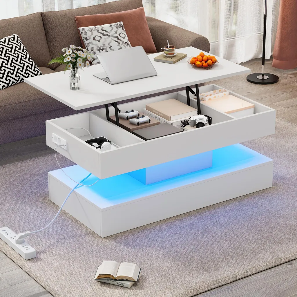 Table Basse Transformable à Plateau Relevable et LED Design Blanc - 2