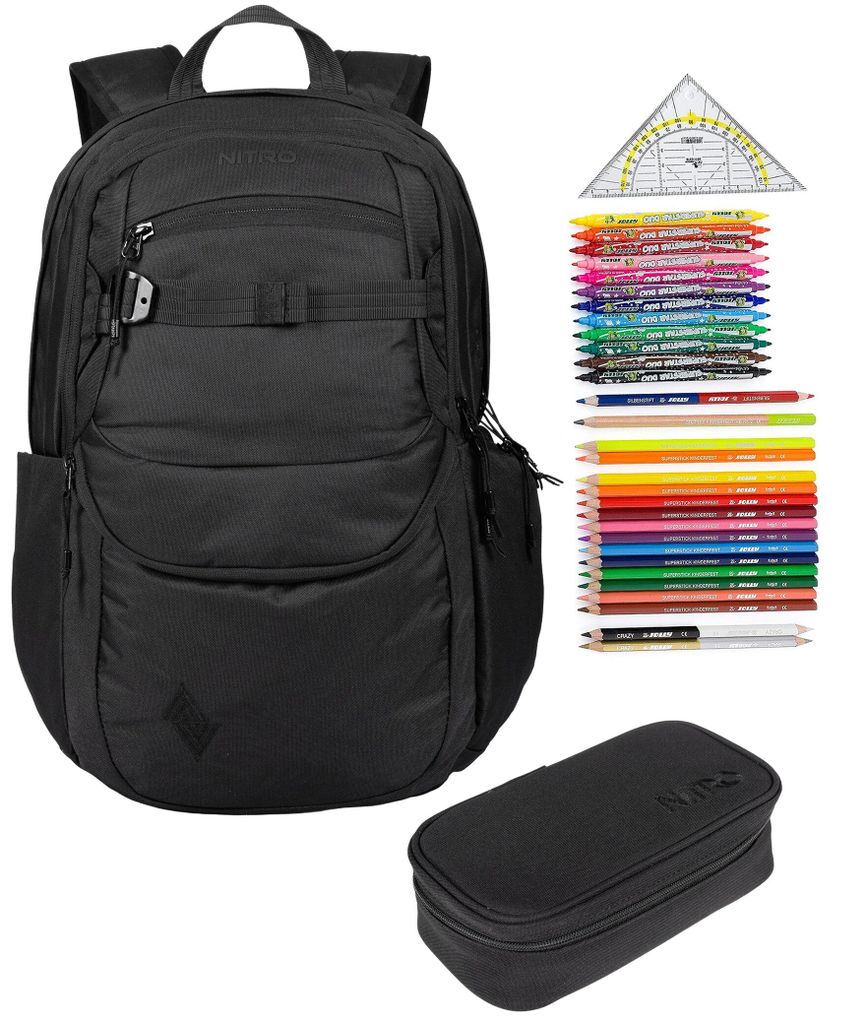 Schulrucksack Jungen Mädchen 3 Teile Set Nitro Future Hero Schultasche inkl. Mäppchen Box XL und Mäppchen Füllung Tasche schwarz uni True Black...