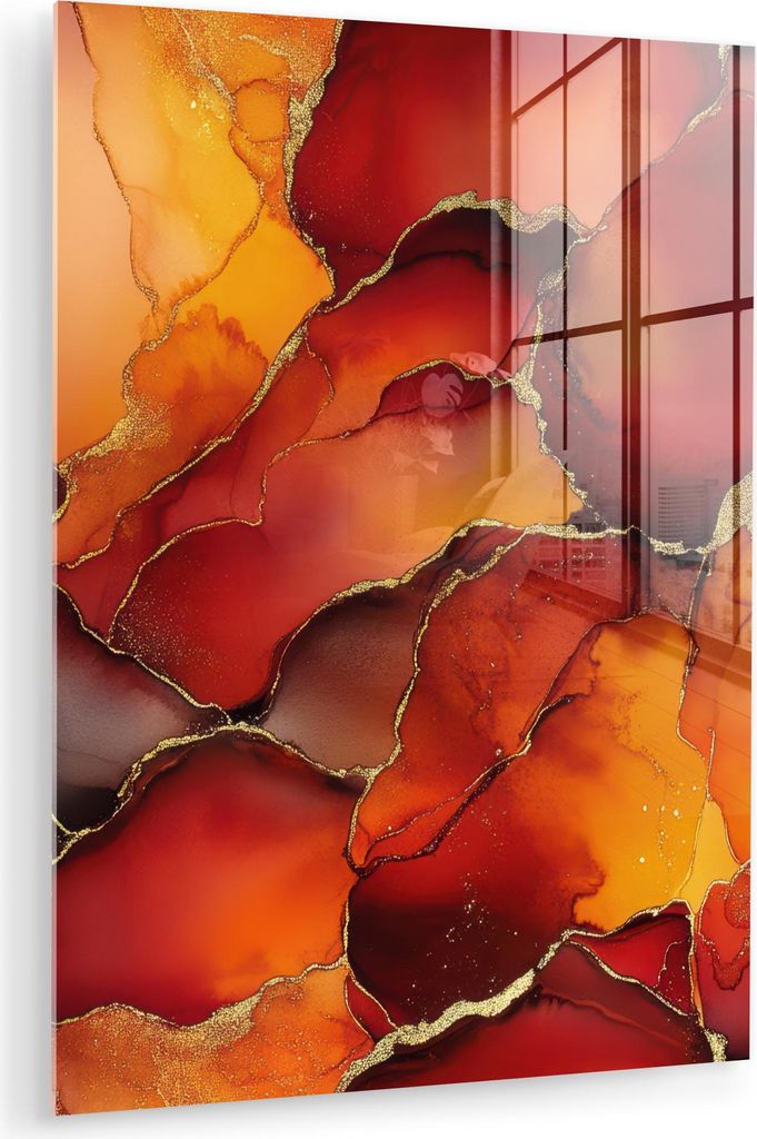 MuchoWow Glasbilder - Bilder auf Wandbild - Foto auf Glas Rot - Marmor - Gold - Herbstfarben - Abstrakt 60x80 cm Wanddekoration aus Glas - Acrylgla...