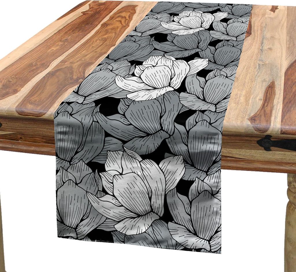ABAKUHAUS Schwarz und Grau Tischläufer, Blumenarrangement asiatische Lotus traditionelle orientalische Naturmotive, 40 x 225 cm, Schwarz Weiß Grau