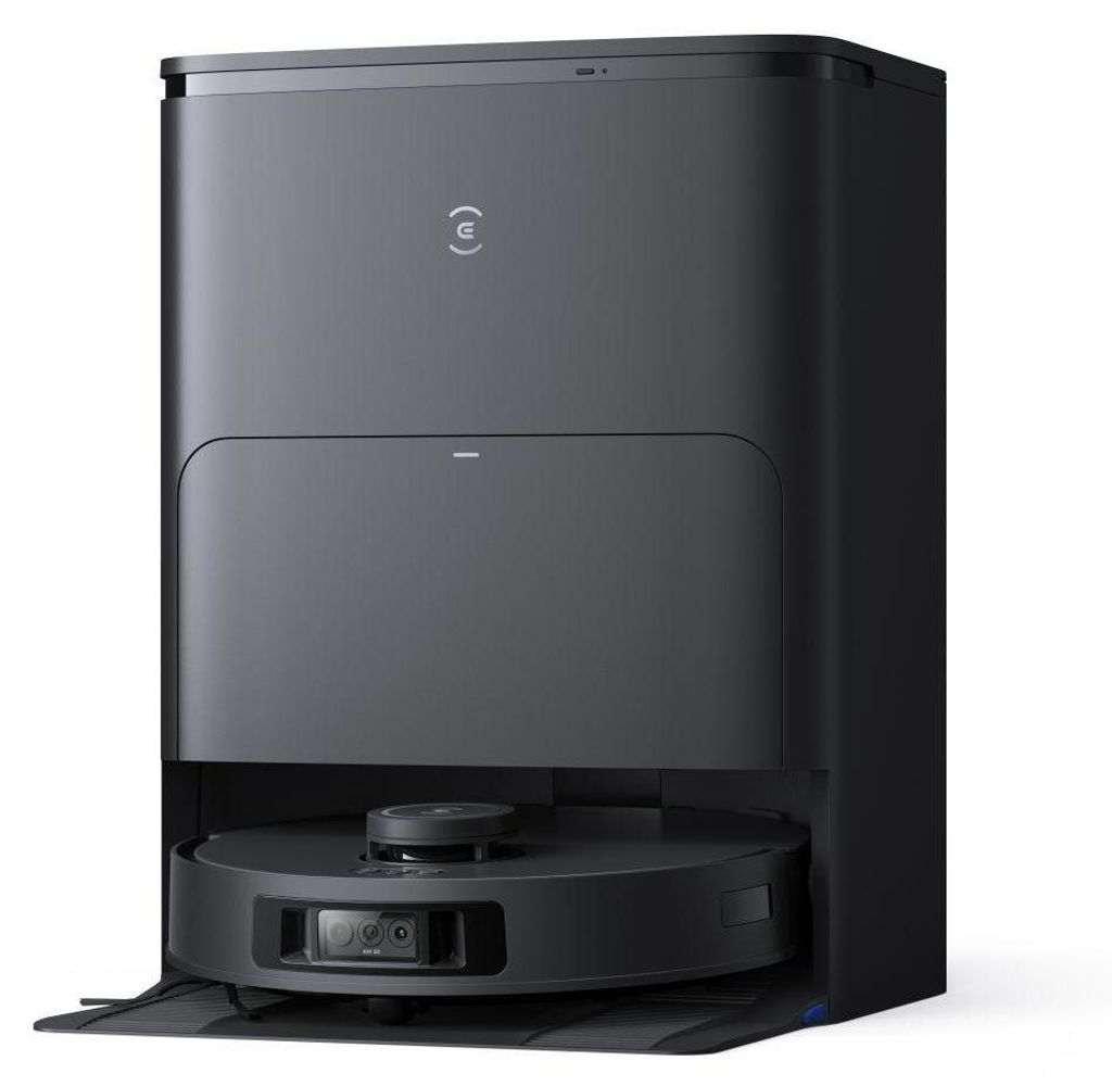 A black robot vacuum cleaner with its charging and emptying station.