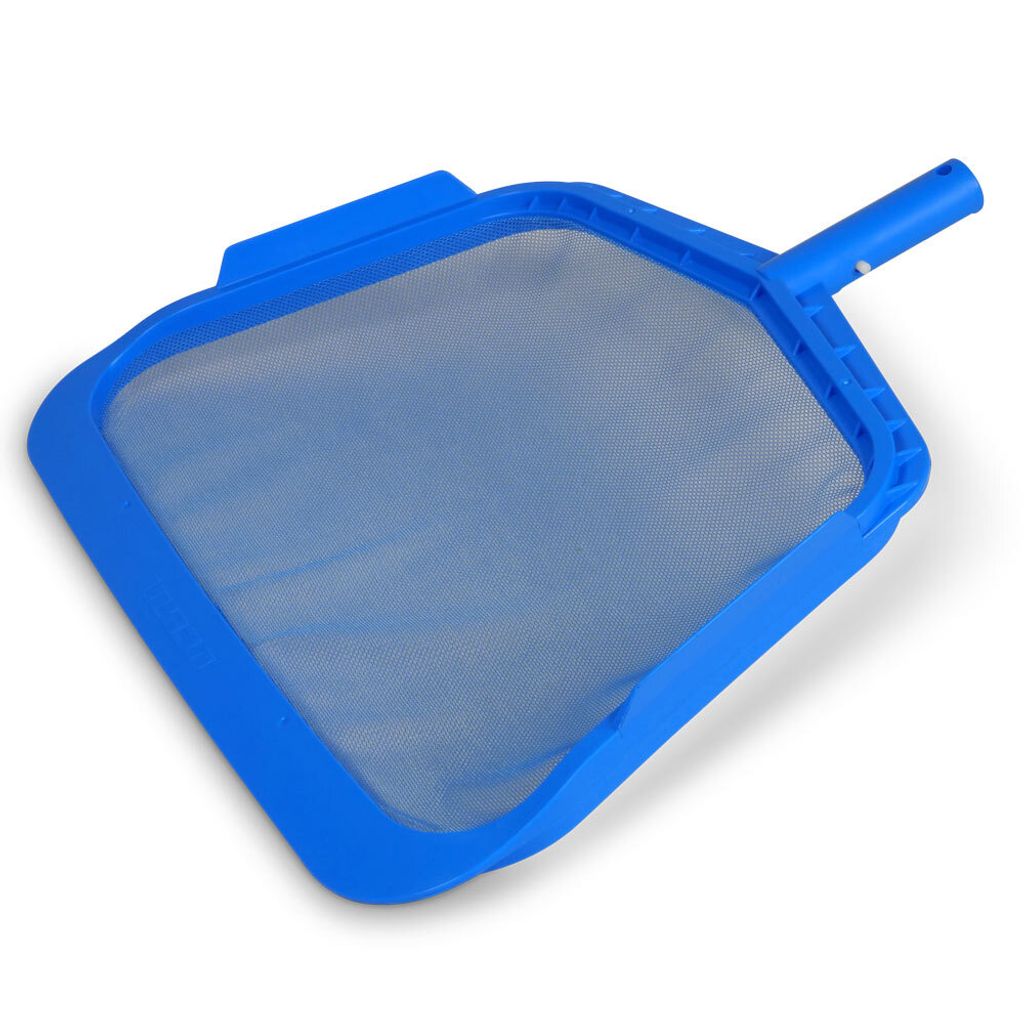 A blue pool skimmer net is shown against a white background.