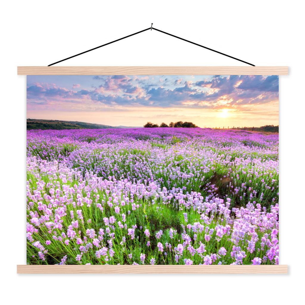 MuchoWow Textilposter Blumen - Lavendel - Lila - Himmel - Sonnenuntergang - Wiese - Natur 120x90 cm mit holzfarbenen Rahmen - Magnetisch