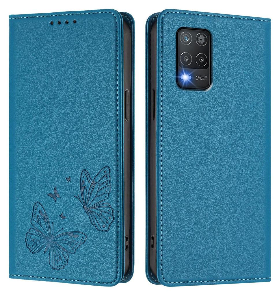 Lederhülle für Realme 8 5G, Schmetterling Prägung Leder Brieftasche Schutzhülle mit Ständer Blau