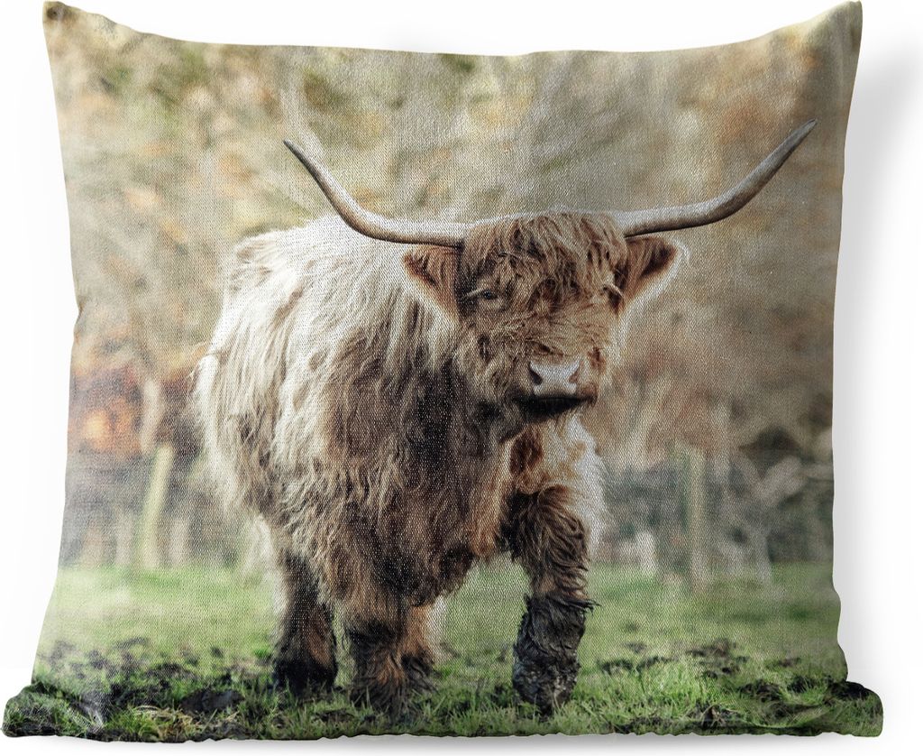 MuchoWow Outdoor Kissen - Scottish Hochlandrind Bull - Natur - Herbst - 45x45 cm - Wetterfest - Lounge Kissen - Fotokissen - Dekoratives Kissen