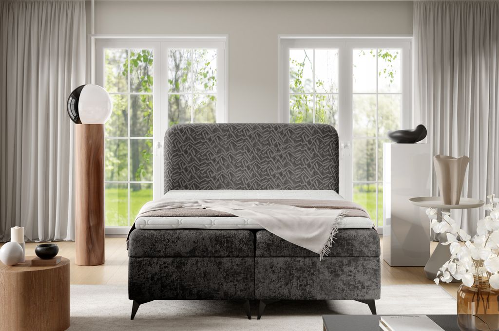Boxspringbett FRANCIS mit Bettkasten Topper und Bonellmatratze Polsterbett aus Chenille-Stoff mit 13 cm Beinen Bett mit Stauraum (Dunkelgrau, 120x2...